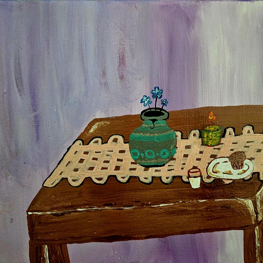 Elegant Still Life Painting with Teal and Brown Hues